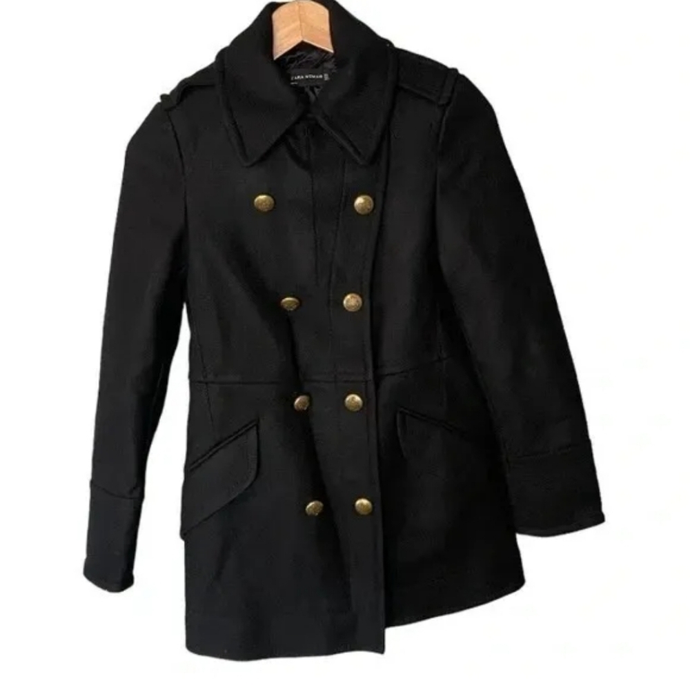 Zara Double Breasted Black Wool coat size S Small gold buttons Excellent